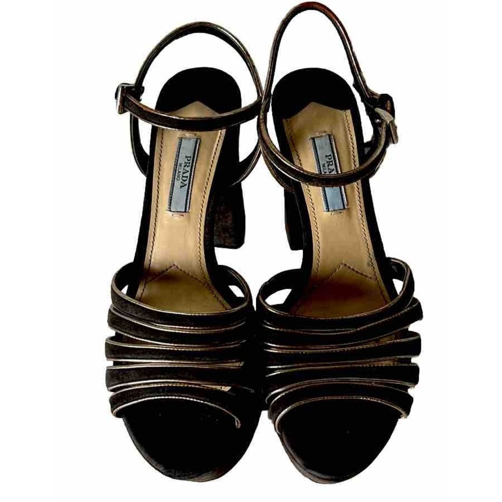 Prada Milano Donna Strappy Black/Gold Suede &Leather Platform Sandal Shoes 37 - Picture 3 of 14